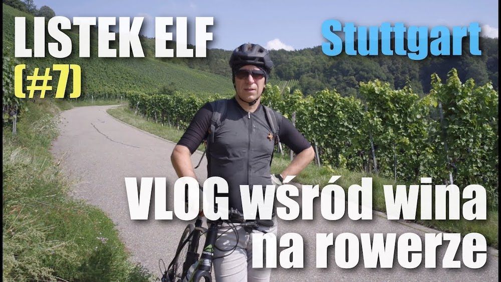 [7]Listek Elf na rowerze wśród pól winorośli patrzy na panoramę Stuttgartu i fabrykę Mercedesa